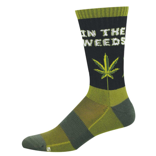 Sock with 'In the Weeds' text and marijuana leaf design