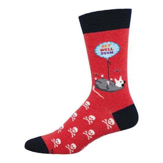 A pair of red cotton crew socks with a 'Get Well Soon' graphic design, including a cartoon possum and skull and crossbones symbols.