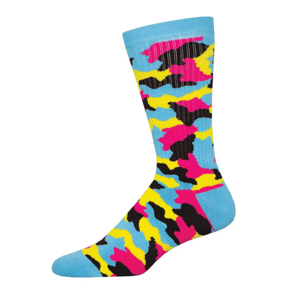 Colorful camouflage-patterned sock with blue, pink, yellow, and black