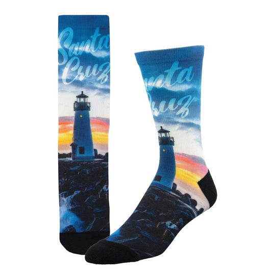 Two socks with a lighthouse design and 'Santa Cruz' text