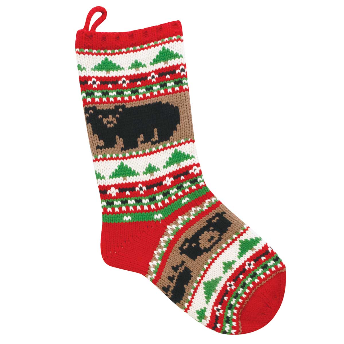 A festive Christmas knit stocking featuring a brown bear motif, green pine trees, and red and cream patterns with red heel, toe and hang tag.