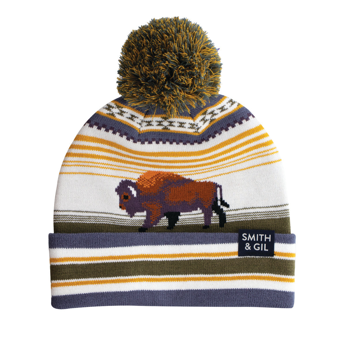 Colorful knit beanie with a pom-pom, striped pattern, and bison design on a white background. Brand 'Smith & Gil' visible.