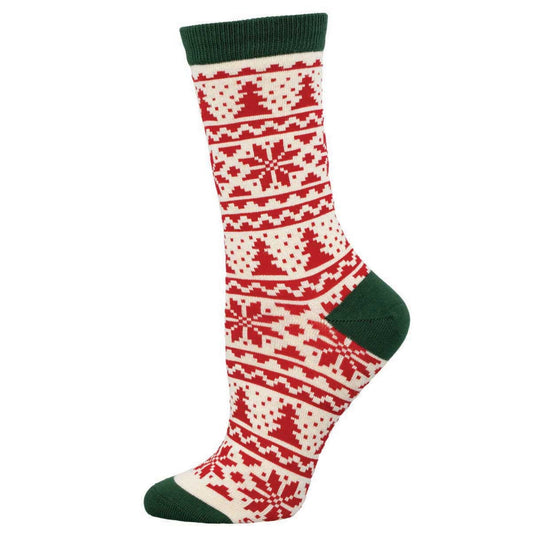 A pair of women's socks with a Christmas Fair Isle pattern in red, white, and green colors.