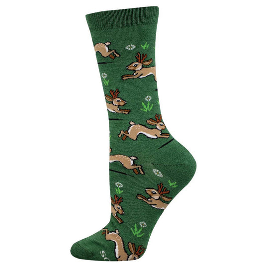 A green sock with a pattern of jackalopes and grass.
