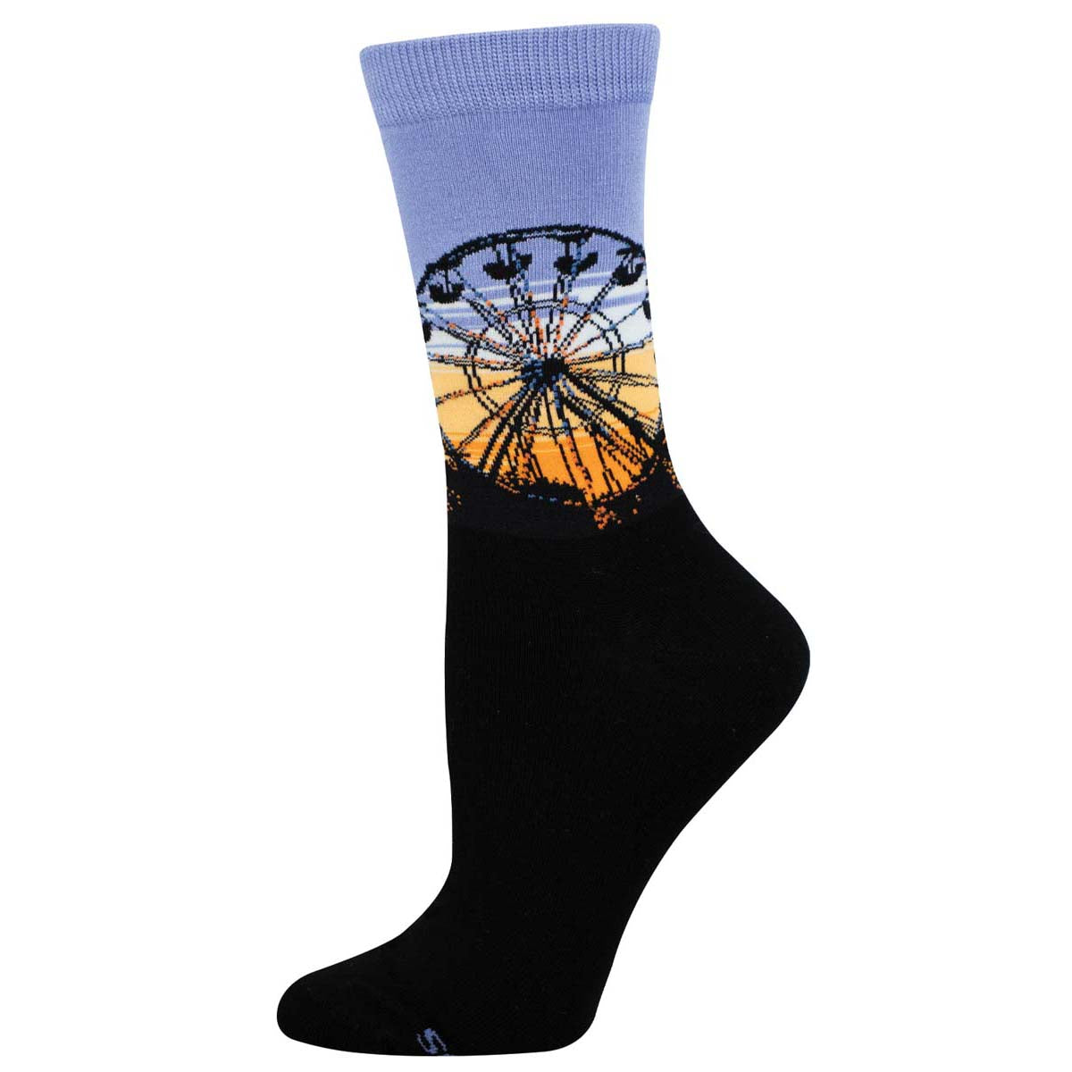 A pair of women's crew socks featuring a bamboo design with a ferris wheel and sunset graphic on the ankle area, predominantly black with blue at the top.