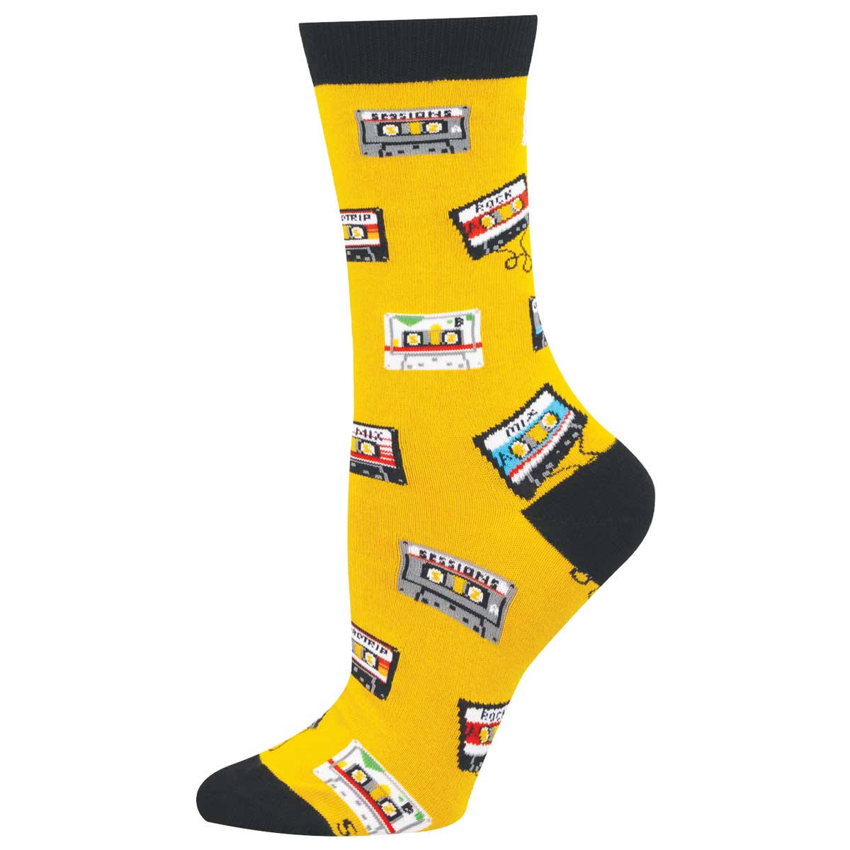 Yellow sock with cassette tape pattern