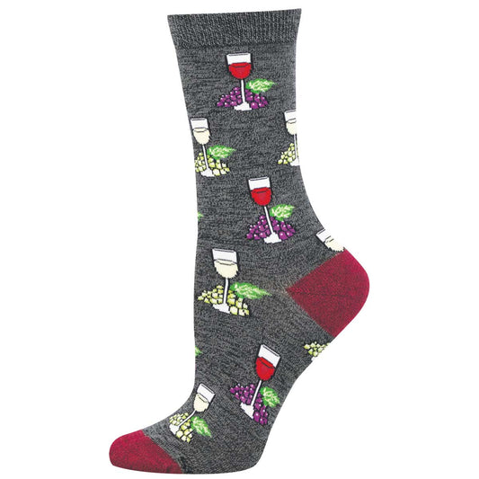 Gray sock with wine glass and grape pattern