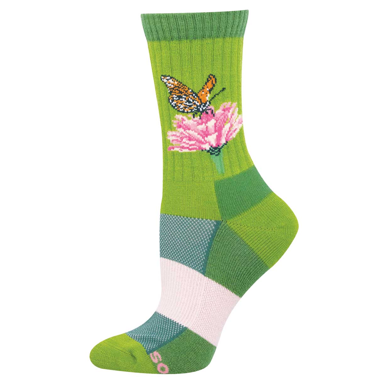 Green sock with butterfly and flower design