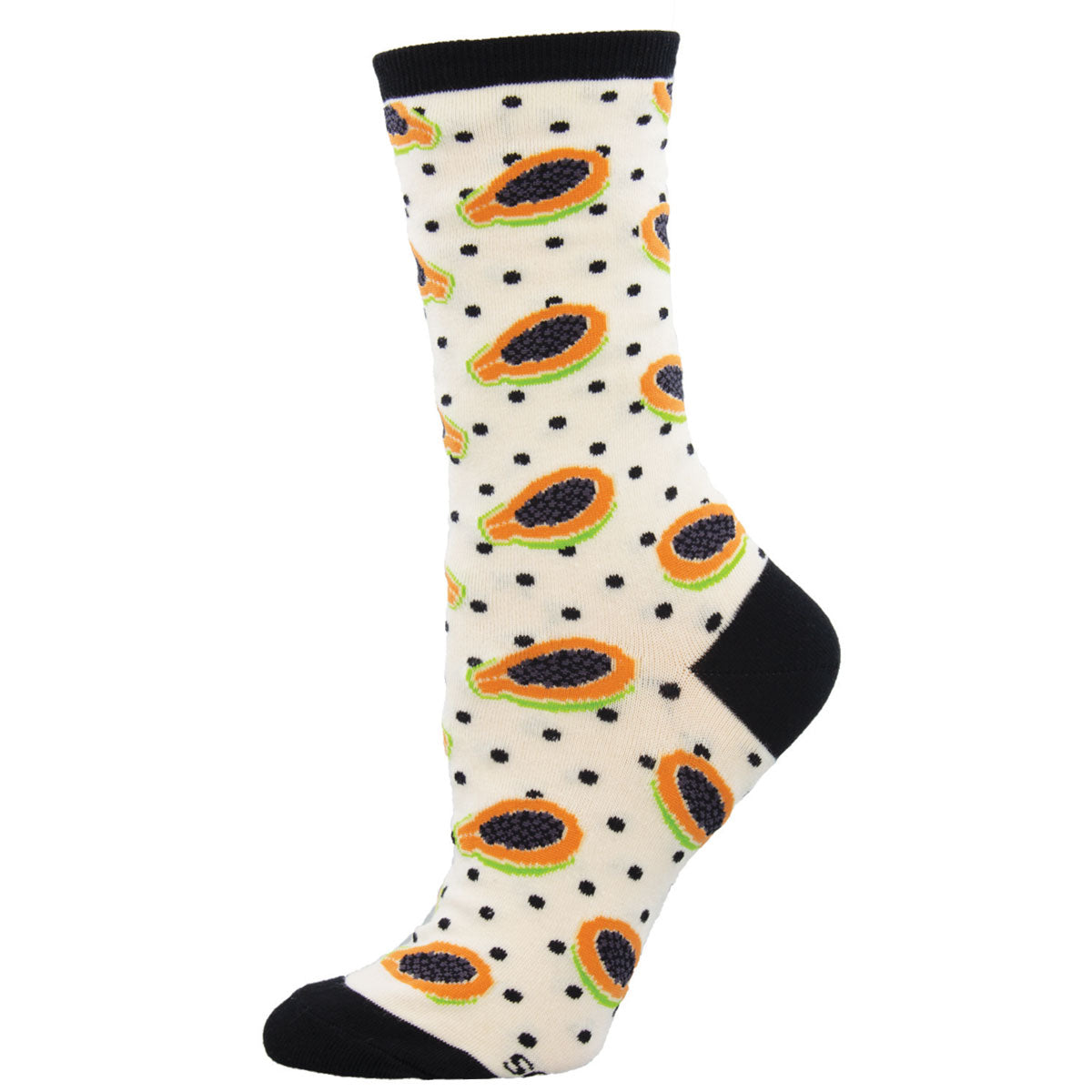 White sock with black polka dot and papaya pattern with contrasting black cuff, heel, and toe
