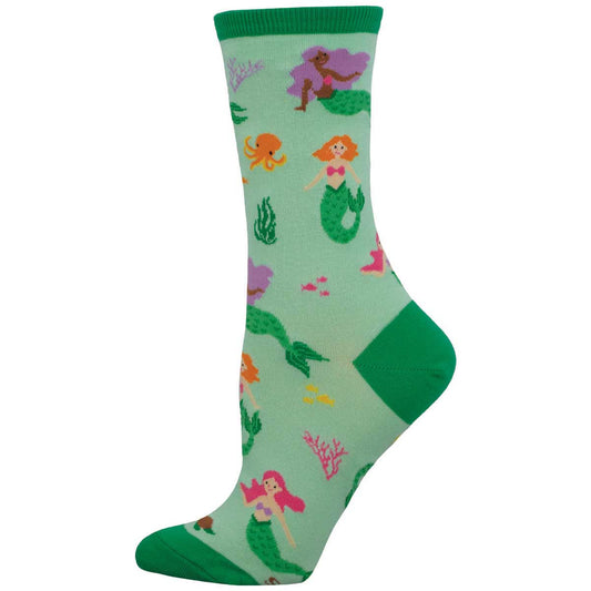 A pair of green cotton crew socks featuring a mermaid and marine life pattern.
