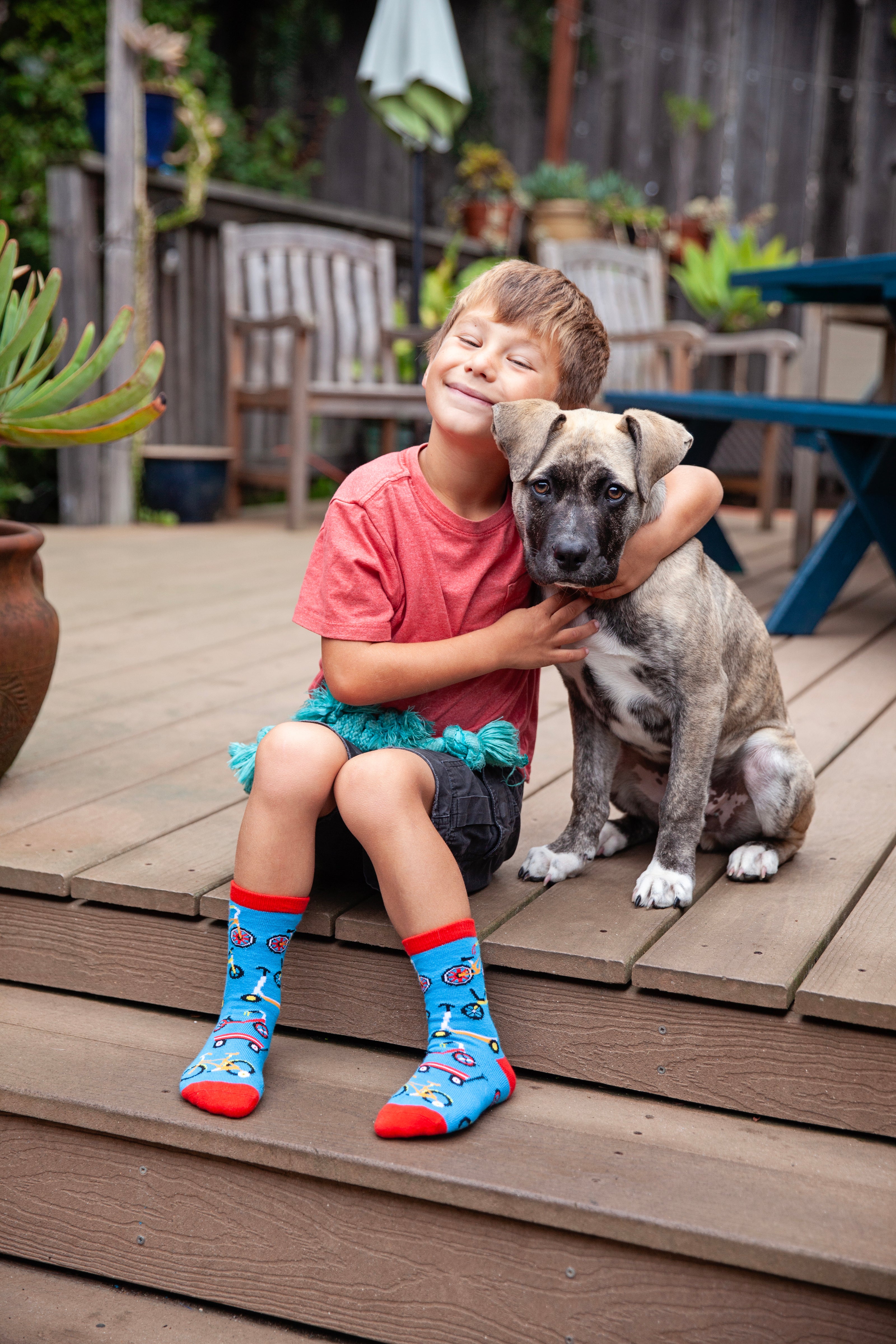 "child sitting on deck hugging pet dog" "child wearing wheelie fun kids socks"