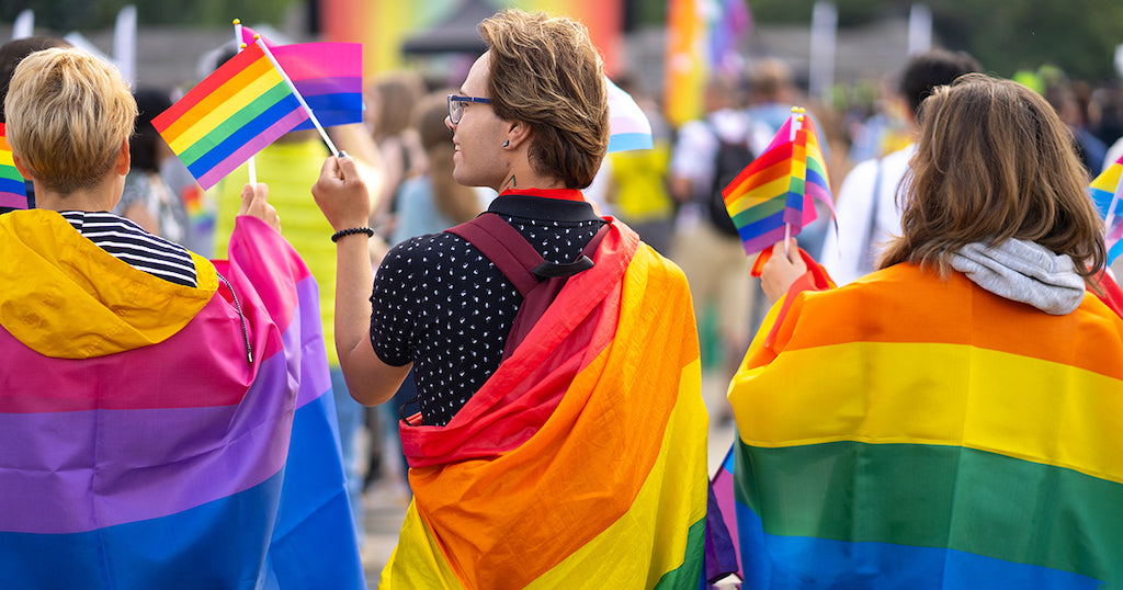 People wrapped in rainbow flags and holding small rainbow flags in a crowd.