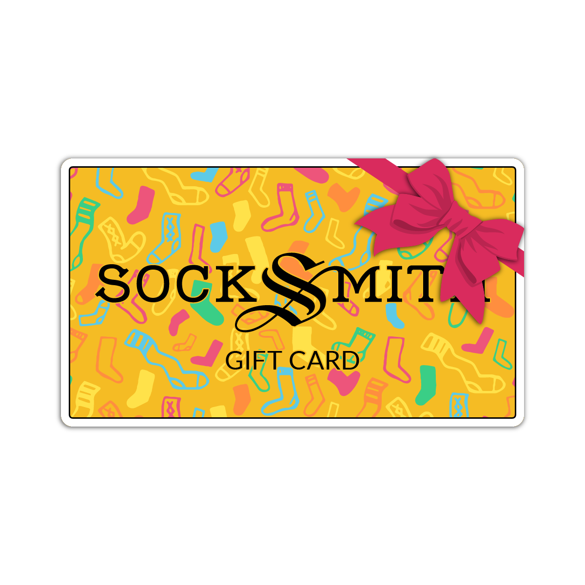 Socksmith gift card with colorful sock pattern and pink bow on a yellow background