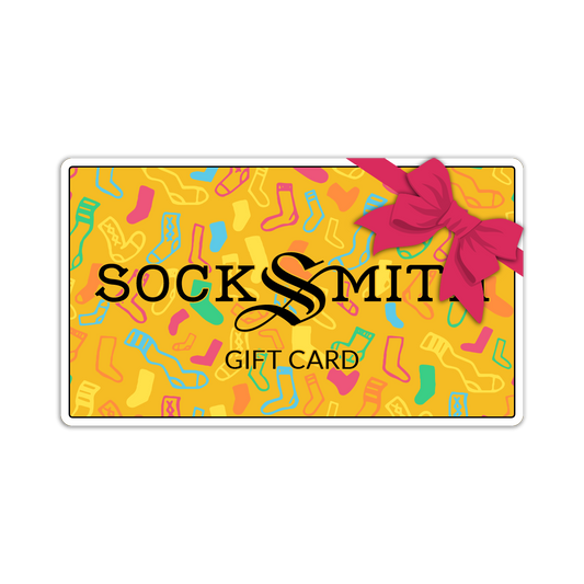 Socksmith gift card with colorful sock pattern and pink bow on a yellow background