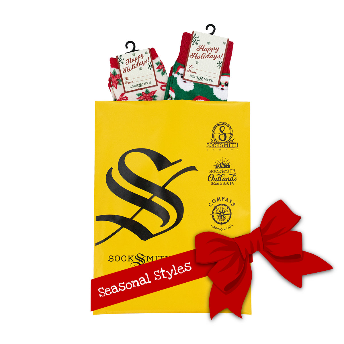 A yellow Socksmith gift bag with black printed logos and text, holding two packaged pairs of holiday themed cotton novelty socks, one men's and one women's. A decorative bow has been added to the image to call out the seasonal styles.