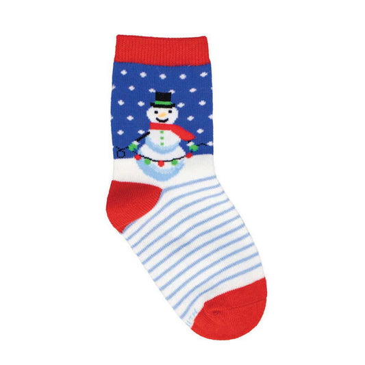 A colorful sock with a snowman design, red and blue stripes, and a blue cuff.