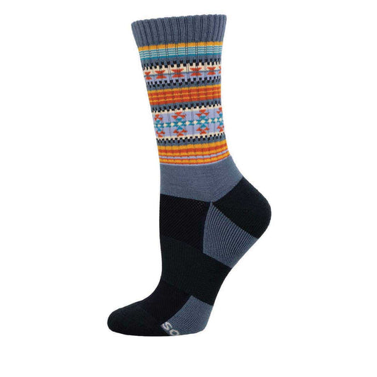 A pair of women's crew socks with a geometric pattern, featuring colors such as blue, black, and orange.
