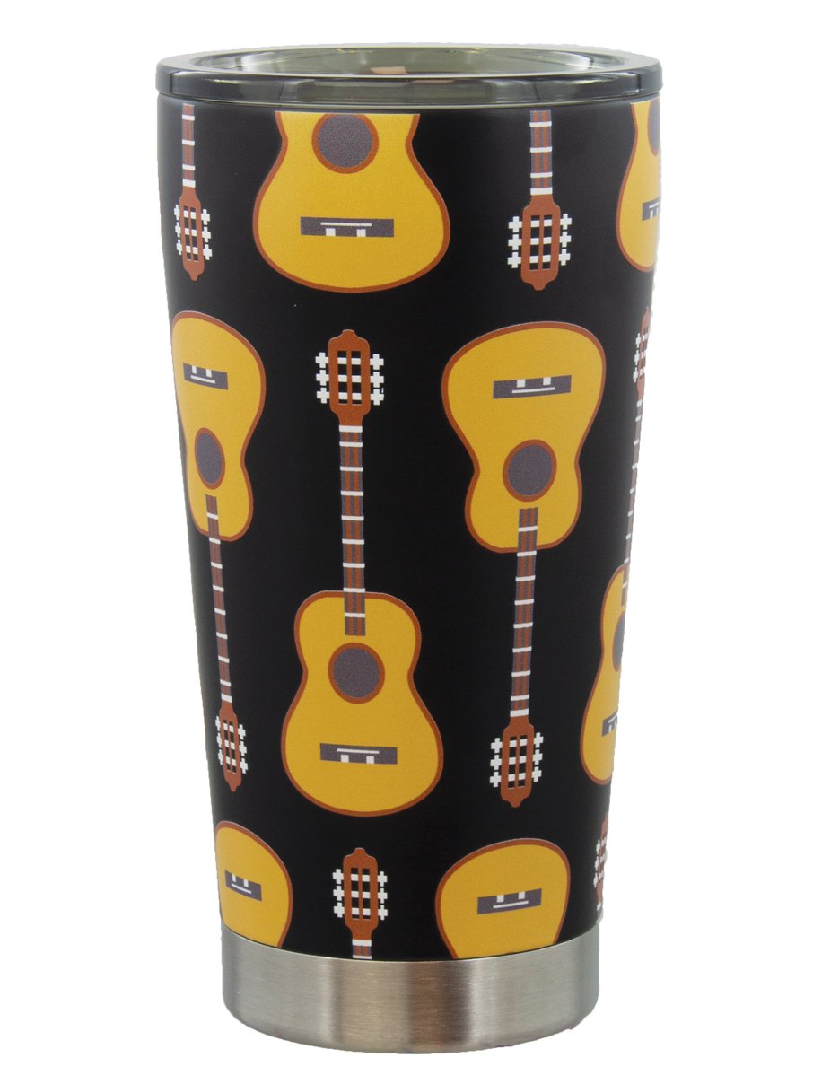 A stainless steel tumbler with a black background featuring a pattern of yellow guitars.