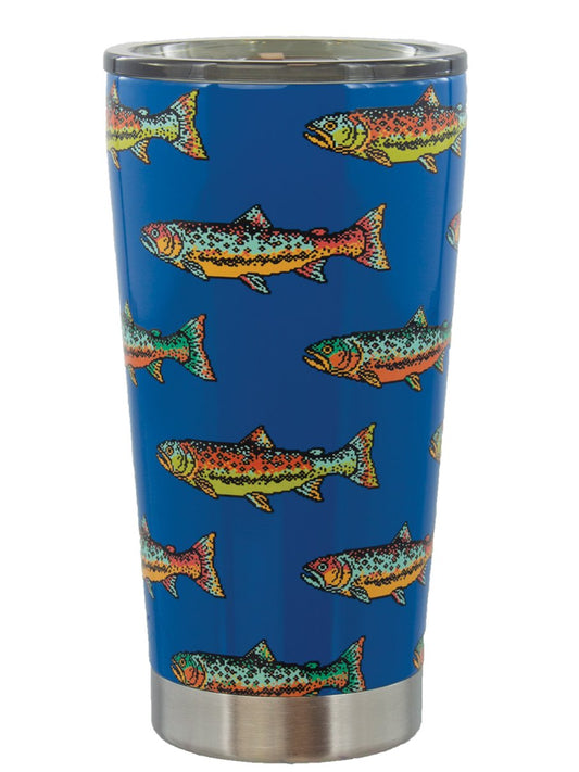 A stainless steel tumbler with a blue background featuring a slide lid, decorated with colorful trout patterns.