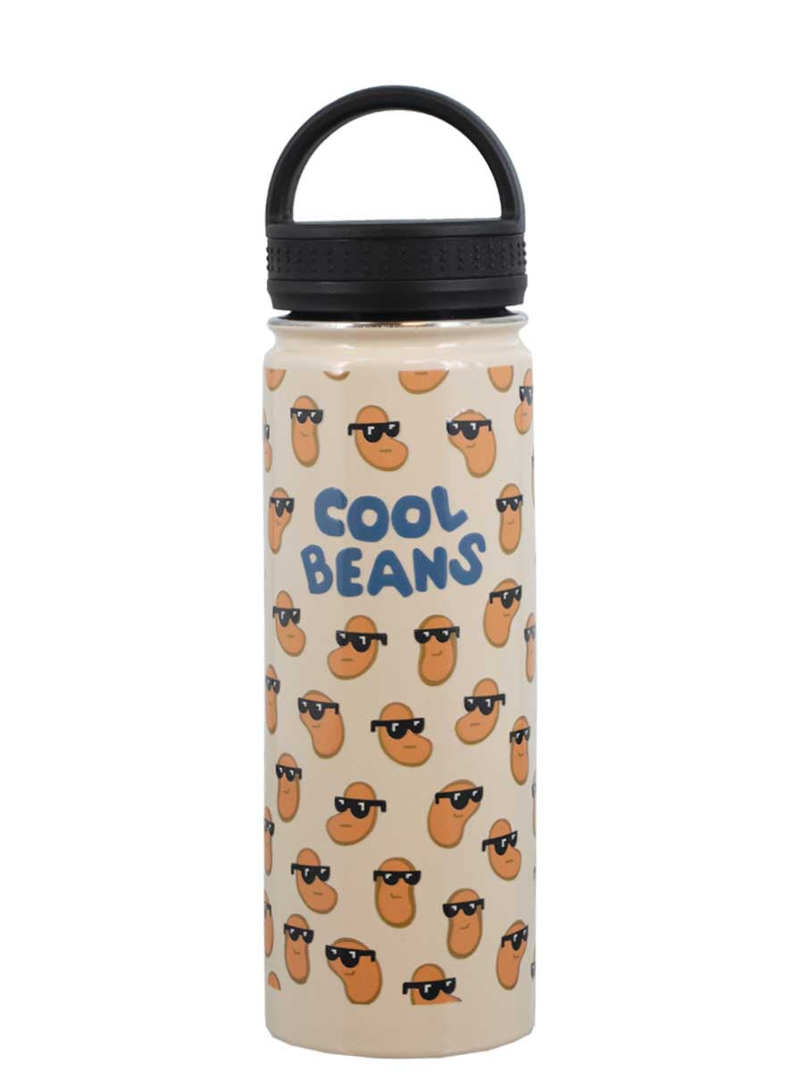 A beige stainless steel water bottle with a black loop lid, featuring a pattern of beans wearing sunglasses and the text 'COOL BEANS' on the front.
