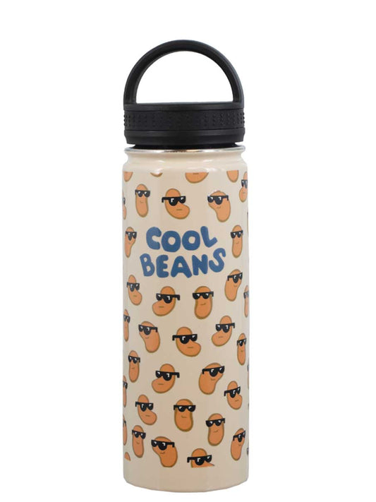 A beige stainless steel water bottle with a black loop lid, featuring a pattern of beans wearing sunglasses and the text 'COOL BEANS' on the front.