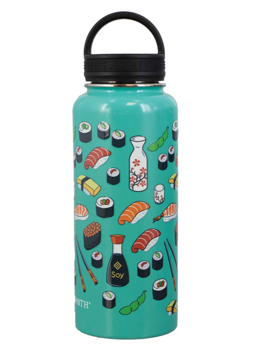 A blue stainless steel water bottle with a sushi pattern design, featuring various sushi pieces and condiments.