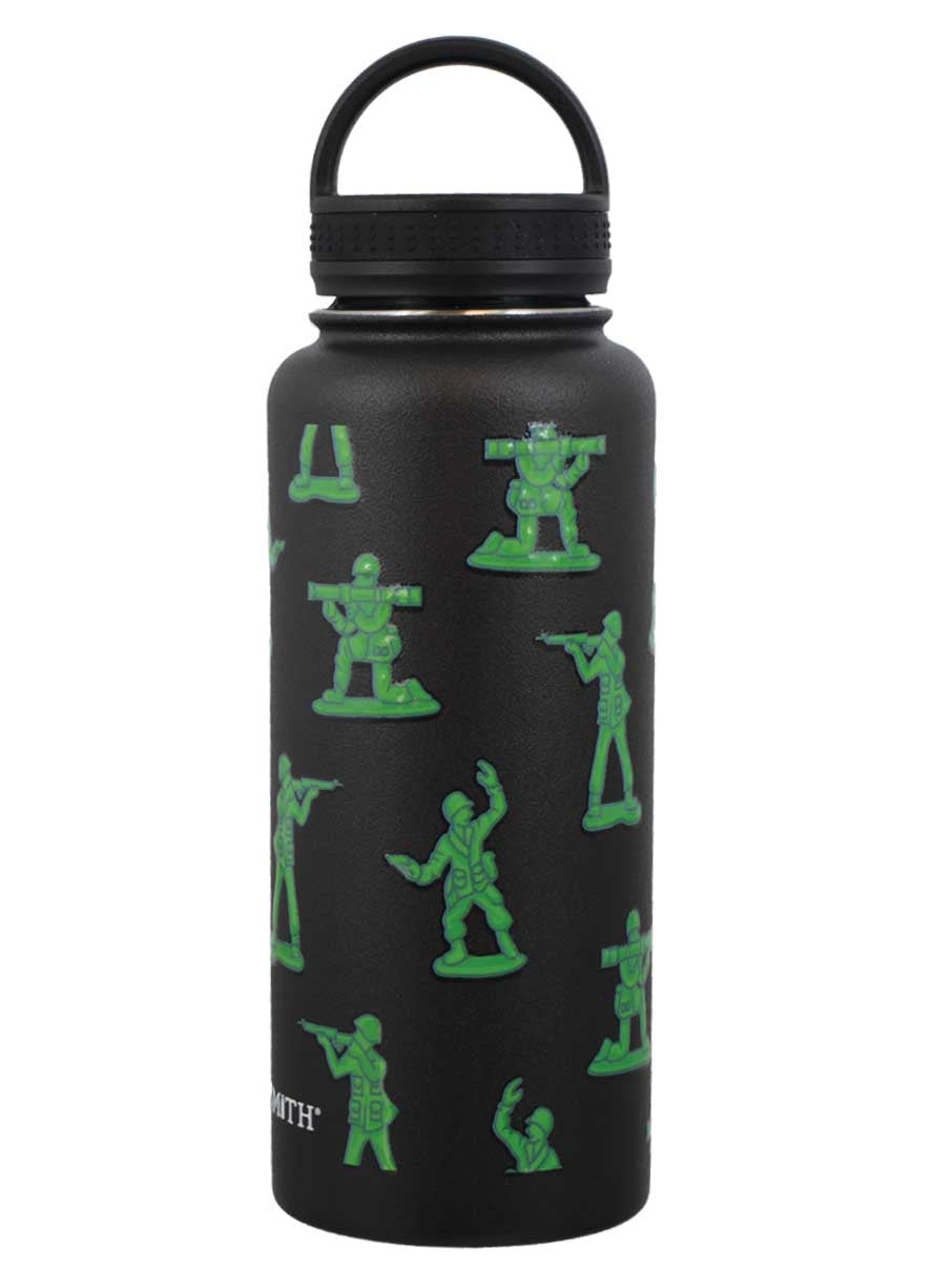 A black stainless steel water bottle with a green army men pattern and a black loop lid.